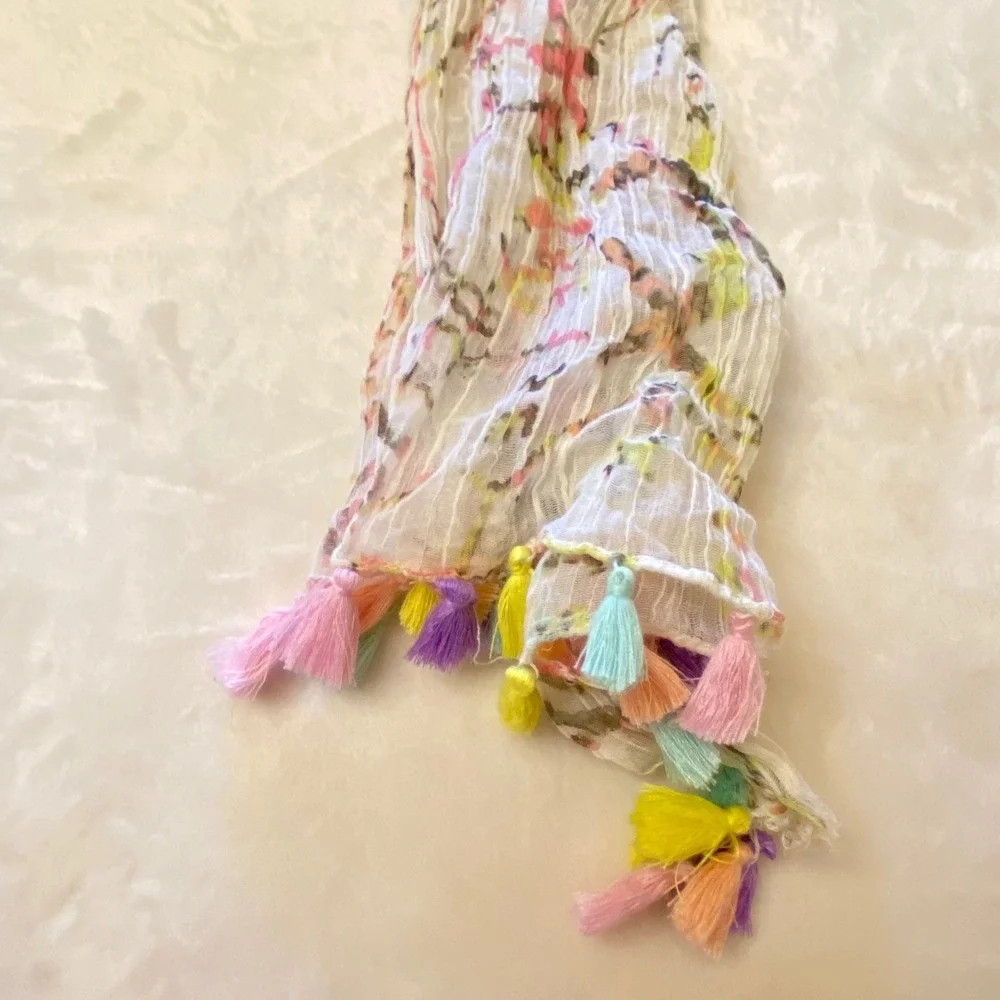 Betsey‎ Johnson Scarf Colorful Tassels Lightweight Whimsical Crinkle Boho Floral
